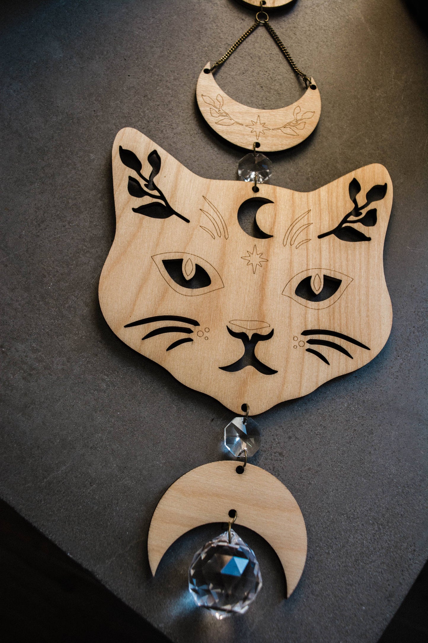 Cosmic Cat Wooden Wall Hanging Suncatcher Crystal Prisms