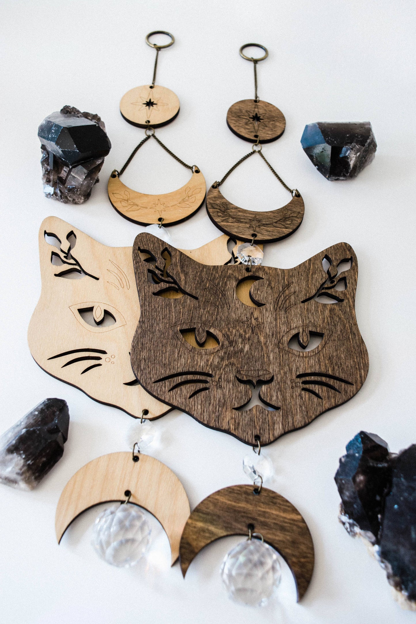 Cosmic Cat Wooden Wall Hanging Suncatcher Crystal Prisms