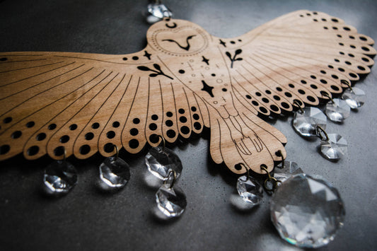 Owl Wooden Wall Hanging Bird Suncatcher w/ Crystal Prisms