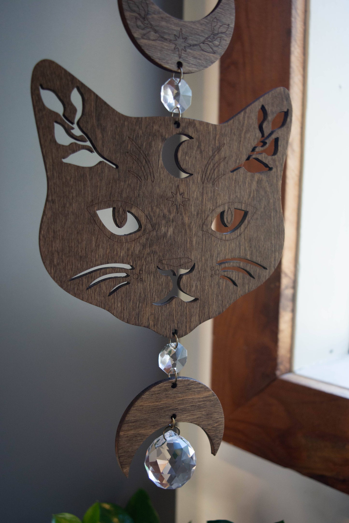 Cosmic Cat Wooden Wall Hanging Suncatcher Crystal Prisms