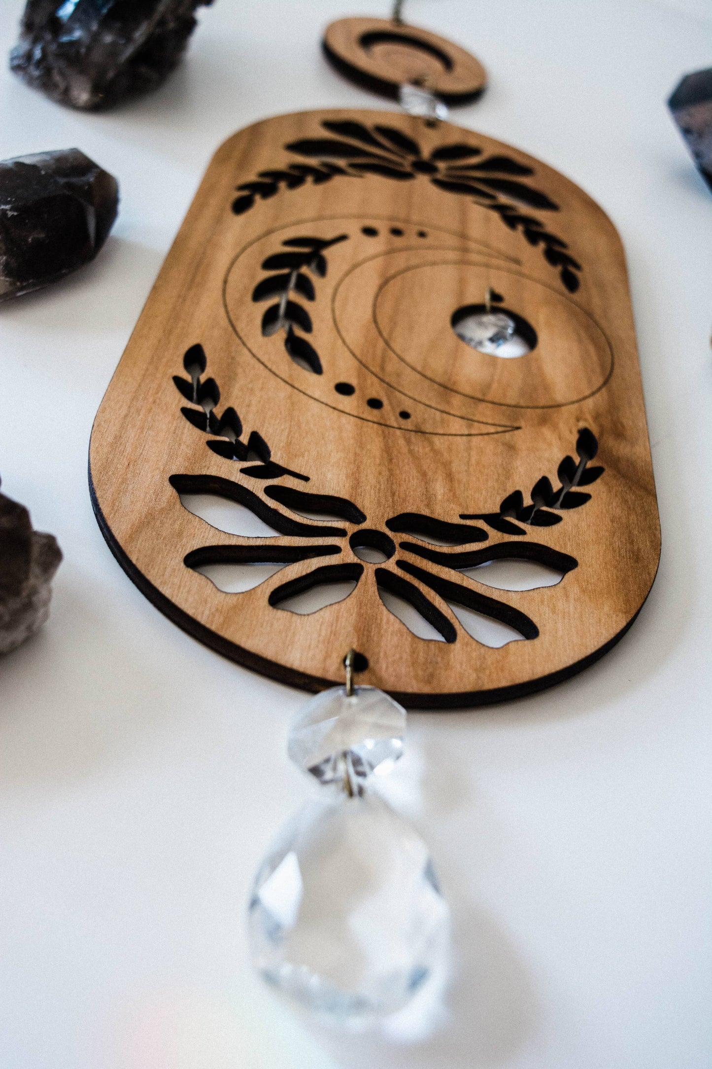 Lunar Moon Wooden Wall Hanging Suncatcher w/ Crystal Prisms