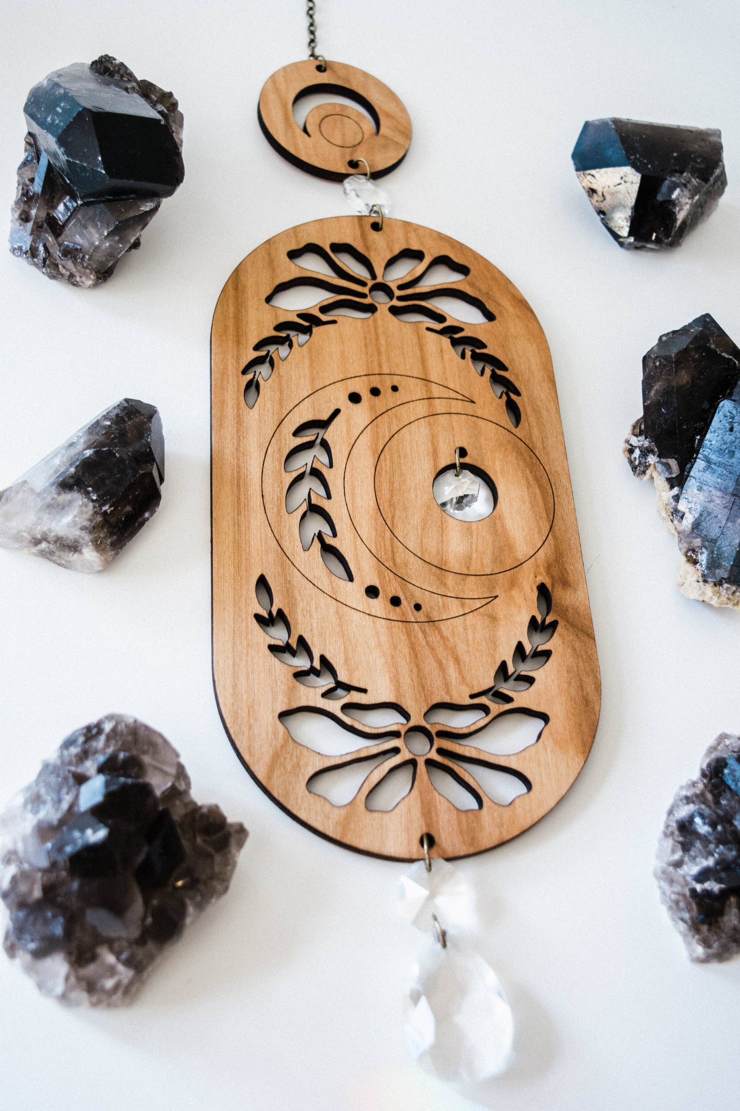Lunar Moon Wooden Wall Hanging Suncatcher w/ Crystal Prisms