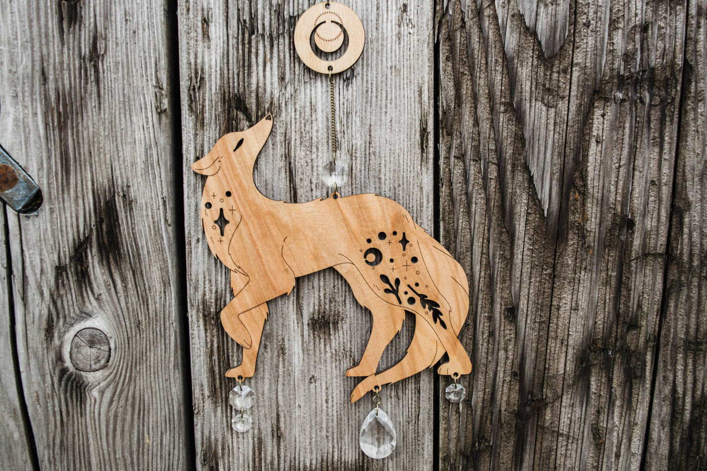 Lunar Wolf Dog Wooden Hanging Suncatcher w/ Crystal Prisms