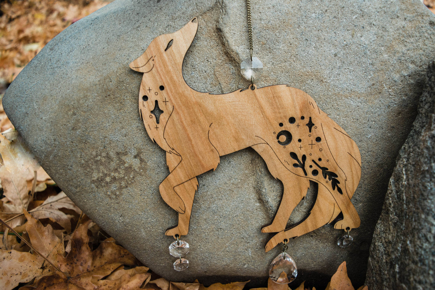 Lunar Wolf Dog Wooden Hanging Suncatcher w/ Crystal Prisms