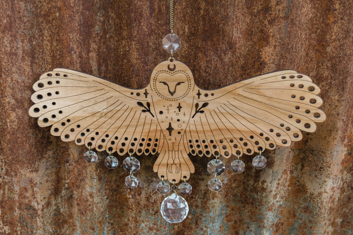 Owl Wooden Wall Hanging Bird Suncatcher w/ Crystal Prisms