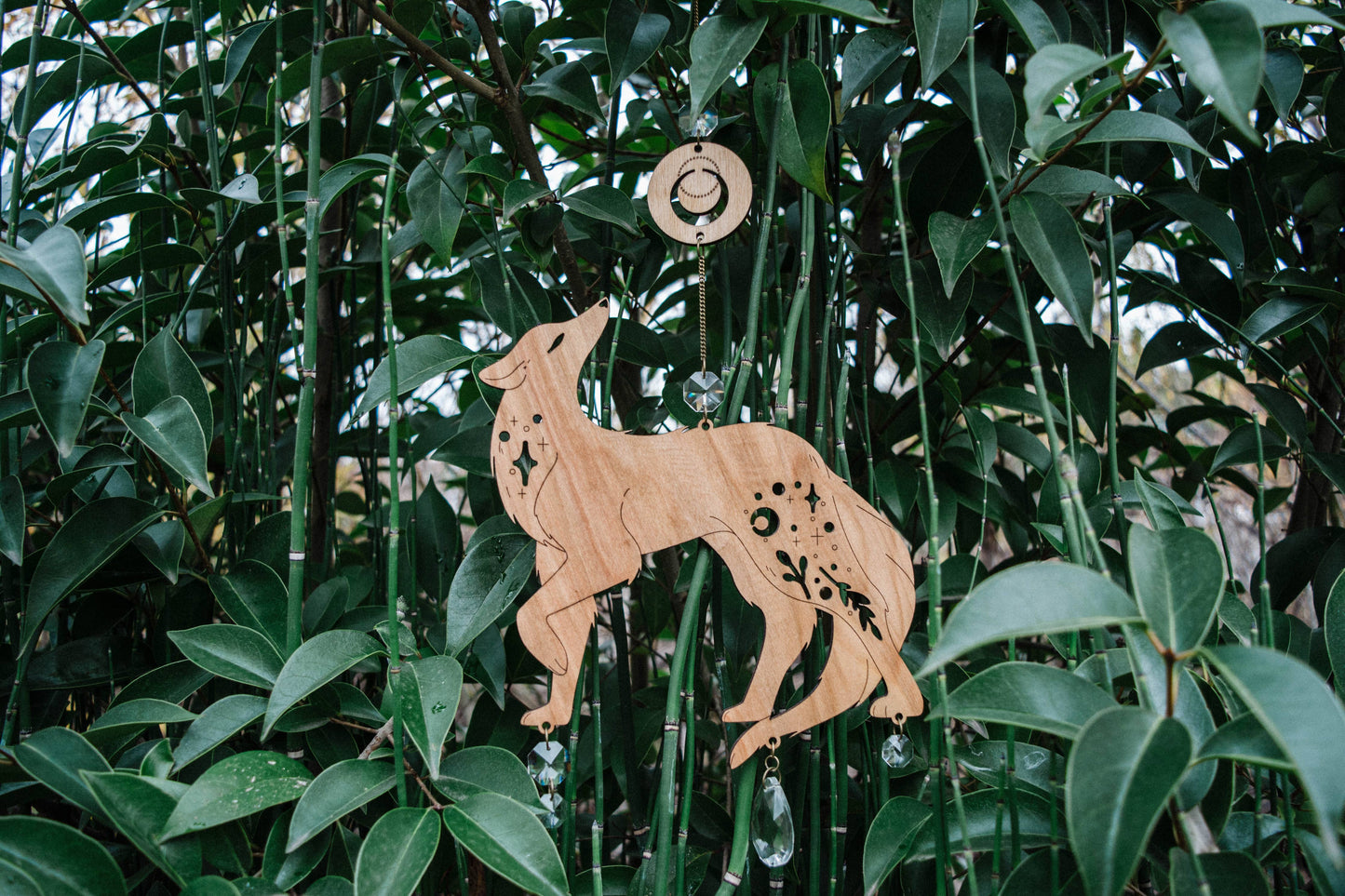 Lunar Wolf Dog Wooden Hanging Suncatcher w/ Crystal Prisms