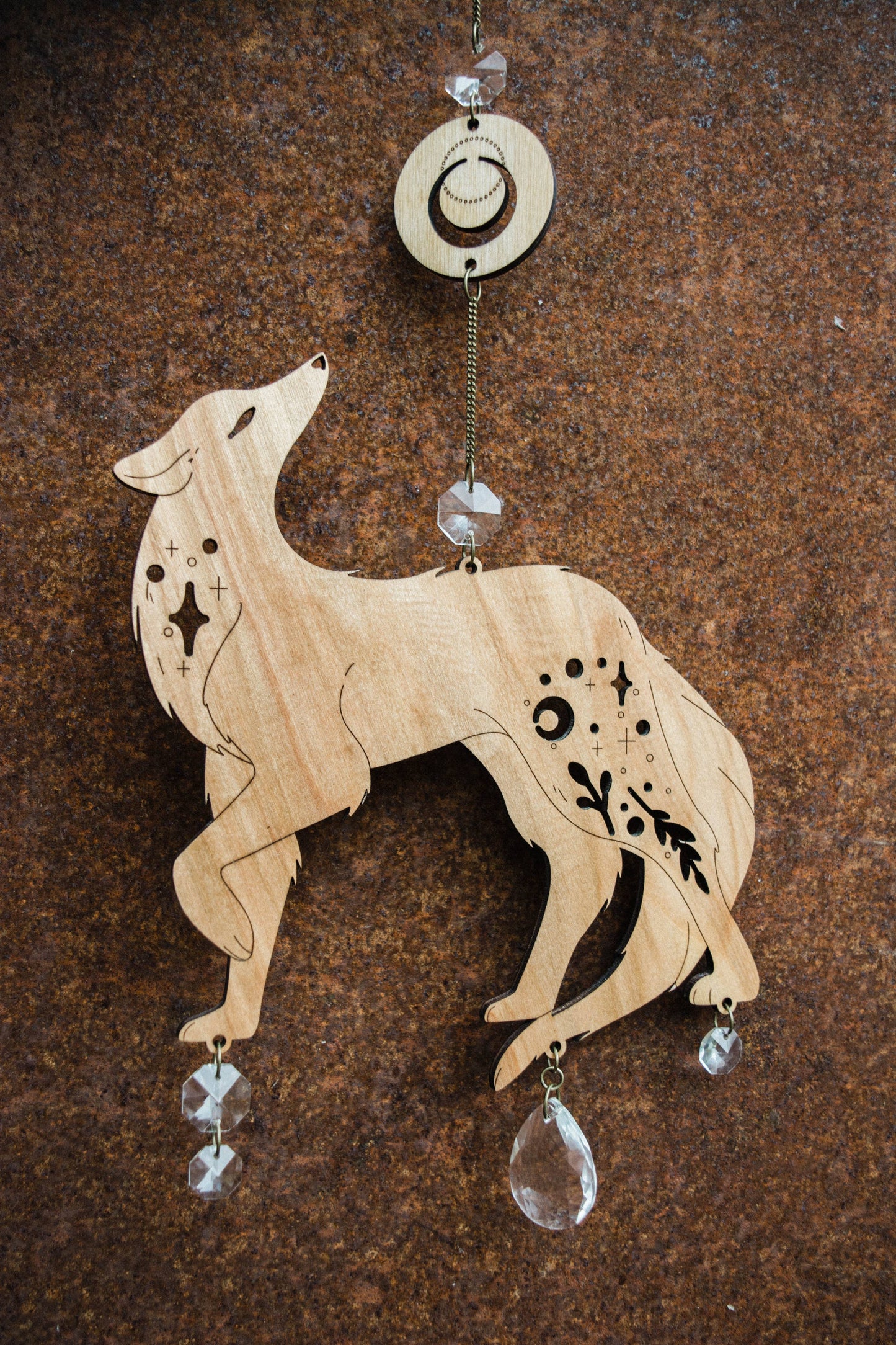 Lunar Wolf Dog Wooden Hanging Suncatcher w/ Crystal Prisms