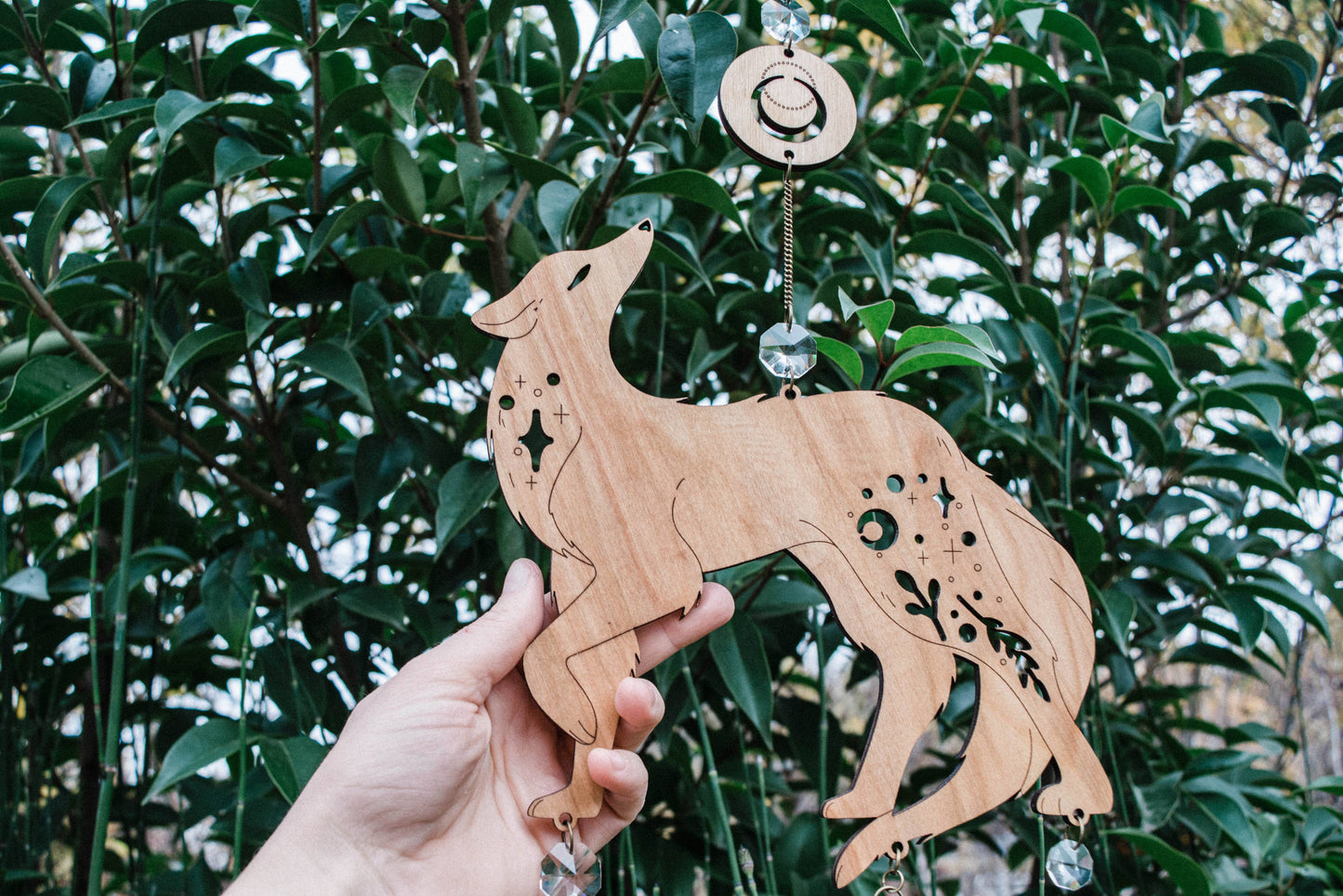 Lunar Wolf Dog Wooden Hanging Suncatcher w/ Crystal Prisms