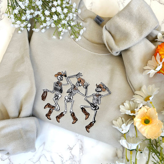 Embroidered Halloween Cowboy Skeleton Dancing Sweatshirt