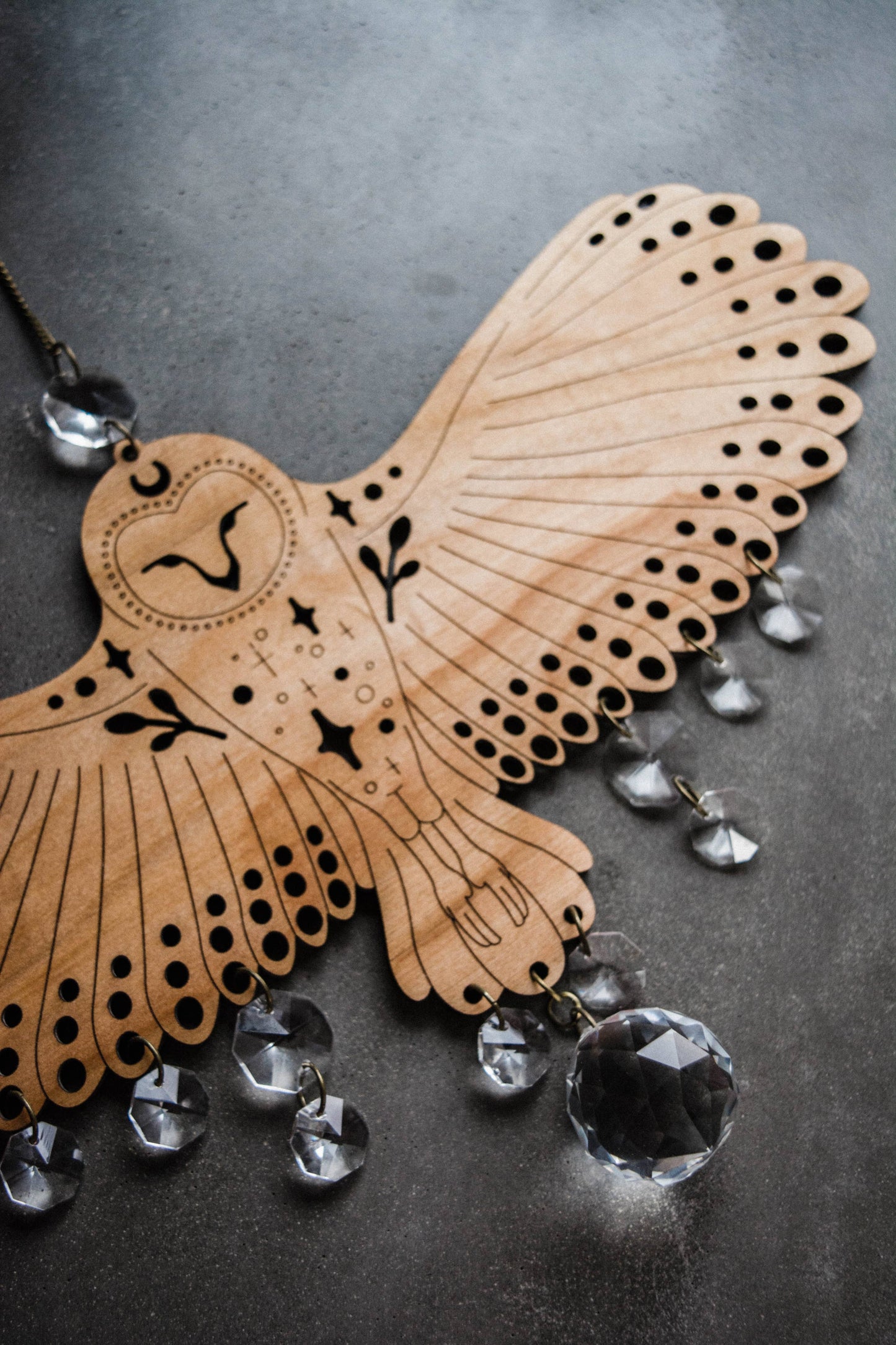 Owl Wooden Wall Hanging Bird Suncatcher w/ Crystal Prisms