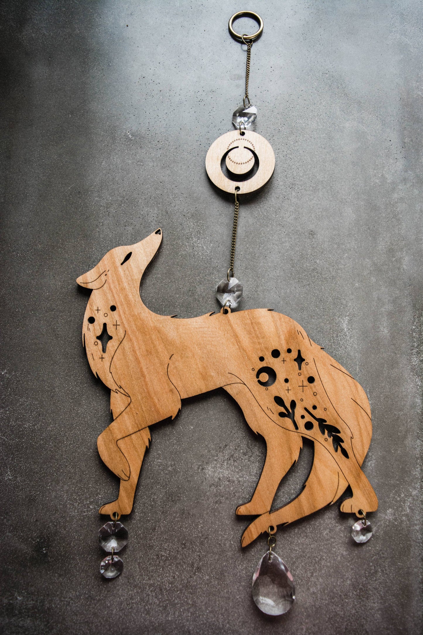 Lunar Wolf Dog Wooden Hanging Suncatcher w/ Crystal Prisms