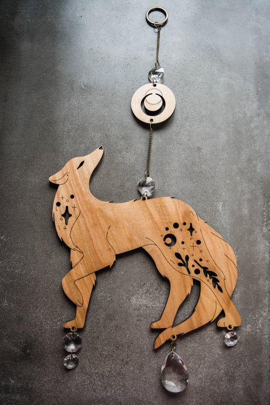 Lunar Wolf Dog Wooden Hanging Suncatcher w/ Crystal Prisms