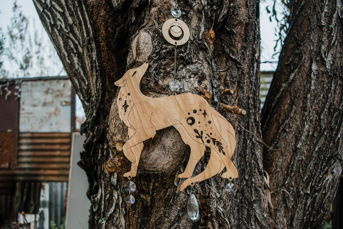 Lunar Wolf Dog Wooden Hanging Suncatcher w/ Crystal Prisms