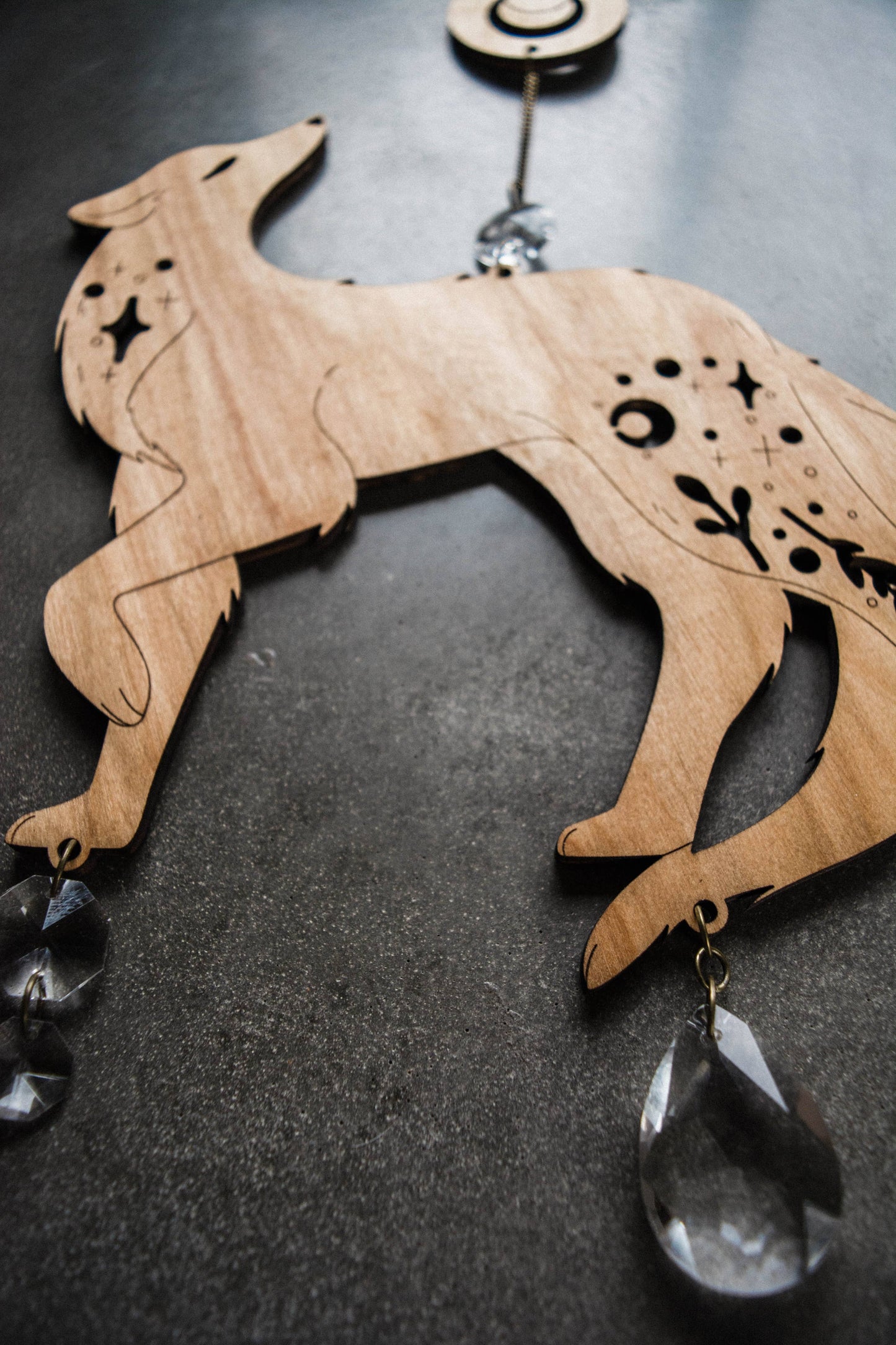 Lunar Wolf Dog Wooden Hanging Suncatcher w/ Crystal Prisms