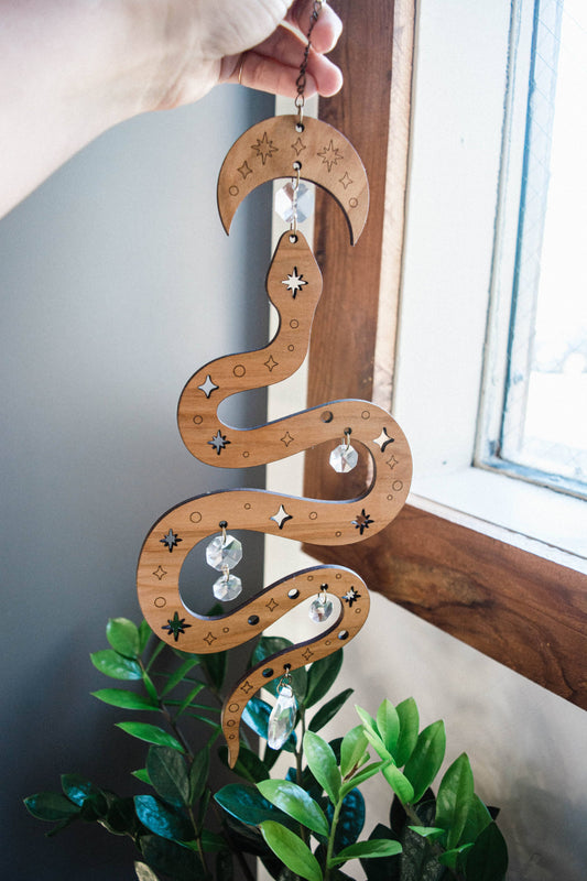 Starry Snake Suncatcher Wooden Wall Hanging Crystal Prisms