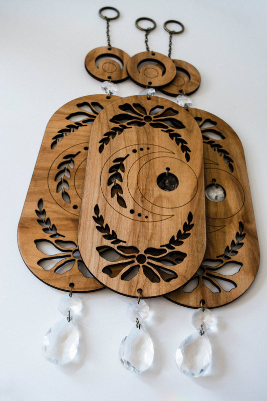 Lunar Moon Wooden Wall Hanging Suncatcher w/ Crystal Prisms