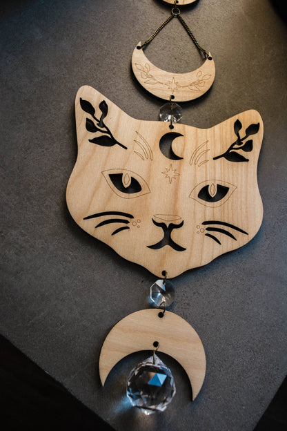 Cosmic Cat Wooden Wall Hanging Suncatcher Crystal Prisms