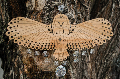 Owl Wooden Wall Hanging Bird Suncatcher w/ Crystal Prisms