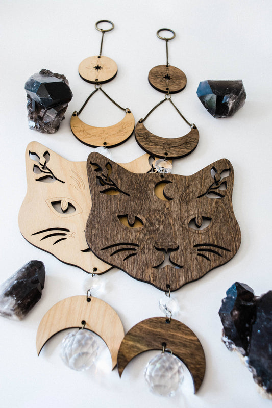 Cosmic Cat Wooden Wall Hanging Suncatcher Crystal Prisms
