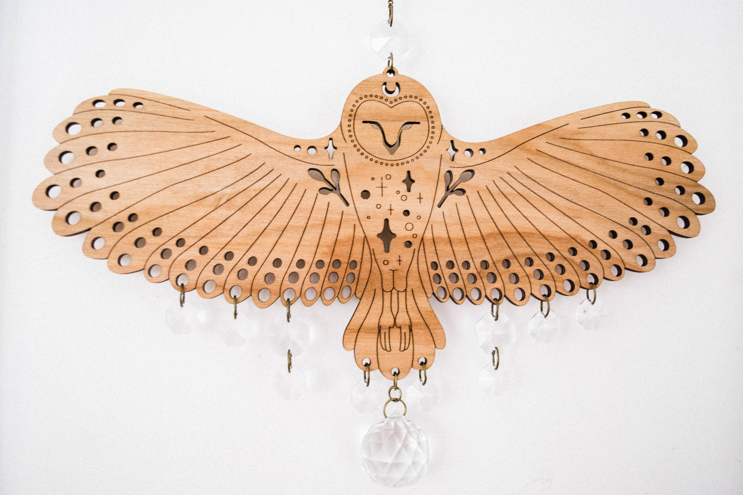 Owl Wooden Wall Hanging Bird Suncatcher w/ Crystal Prisms