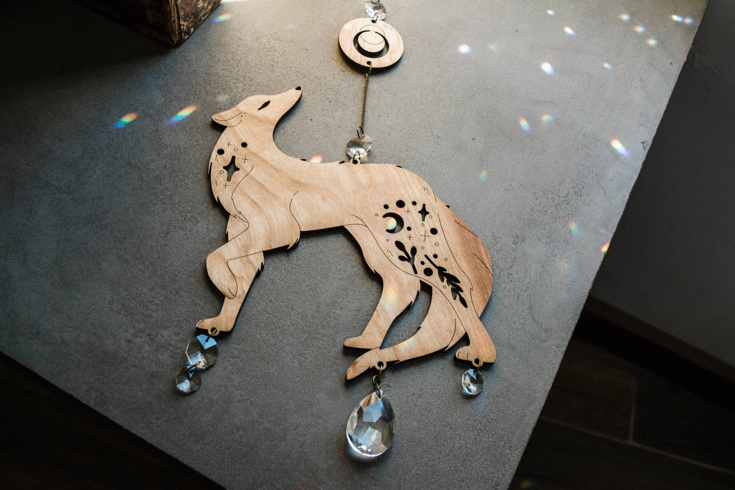 Lunar Wolf Dog Wooden Hanging Suncatcher w/ Crystal Prisms