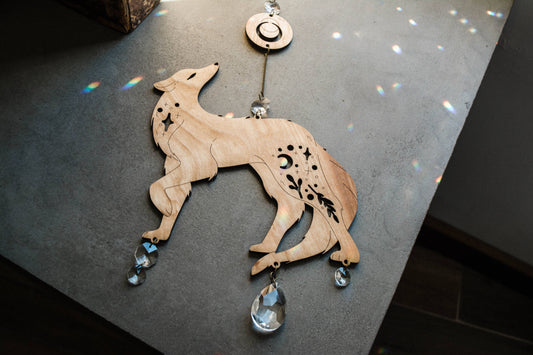 Lunar Wolf Dog Wooden Hanging Suncatcher w/ Crystal Prisms