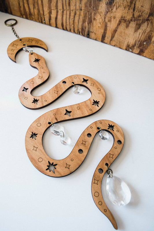 Starry Snake Suncatcher Wooden Wall Hanging Crystal Prisms