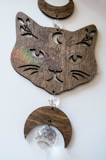 Cosmic Cat Wooden Wall Hanging Suncatcher Crystal Prisms