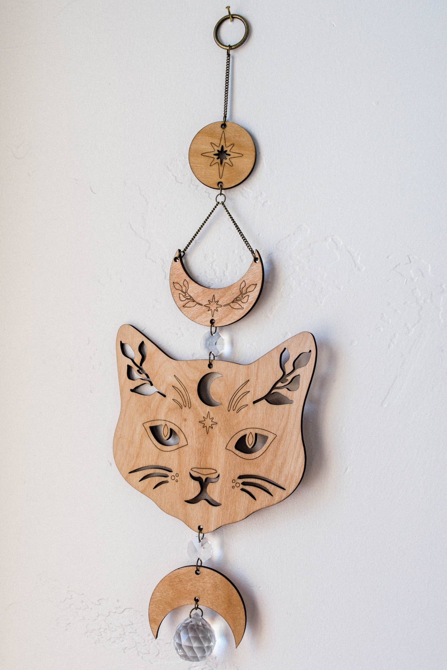 Cosmic Cat Wooden Wall Hanging Suncatcher Crystal Prisms