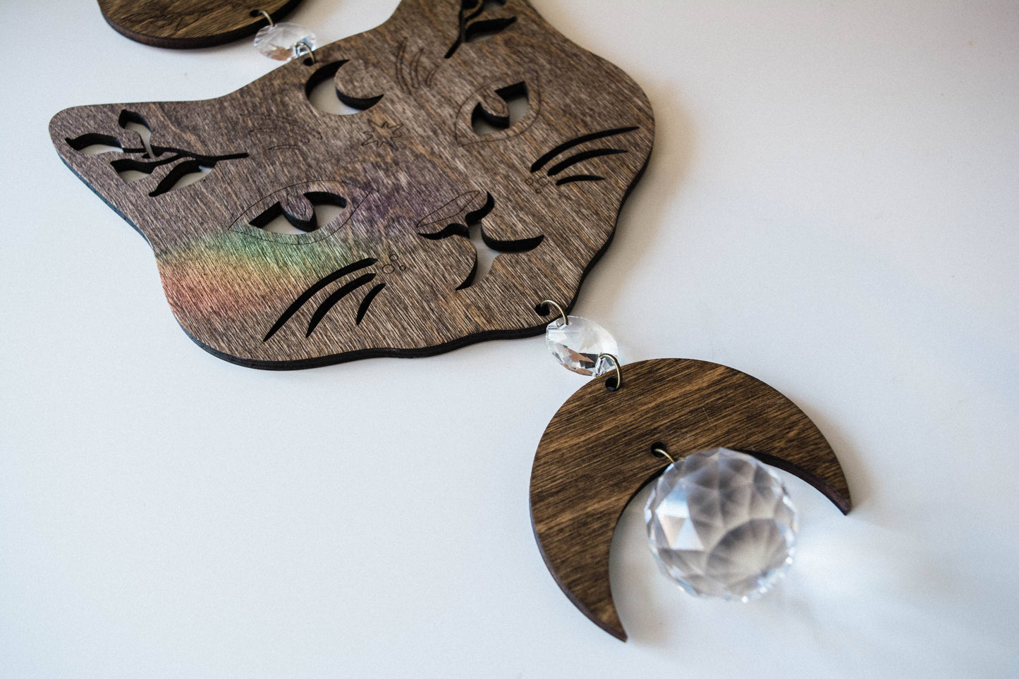 Cosmic Cat Wooden Wall Hanging Suncatcher Crystal Prisms