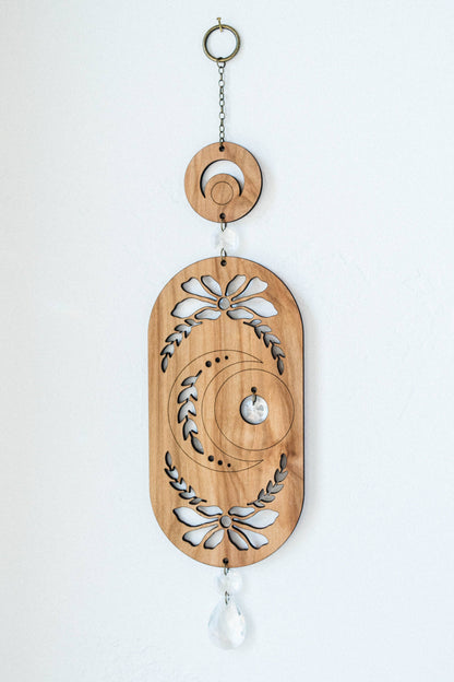 Lunar Moon Wooden Wall Hanging Suncatcher w/ Crystal Prisms