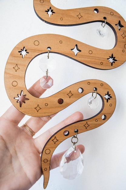 Starry Snake Suncatcher Wooden Wall Hanging Crystal Prisms