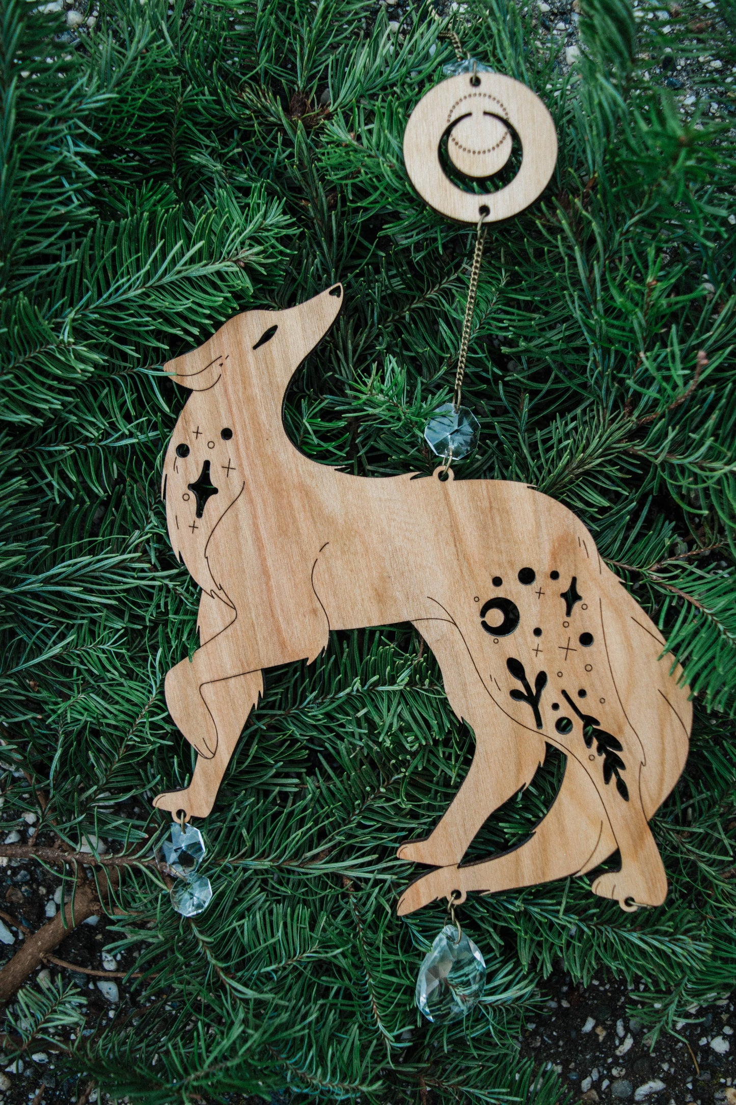 Lunar Wolf Dog Wooden Hanging Suncatcher w/ Crystal Prisms