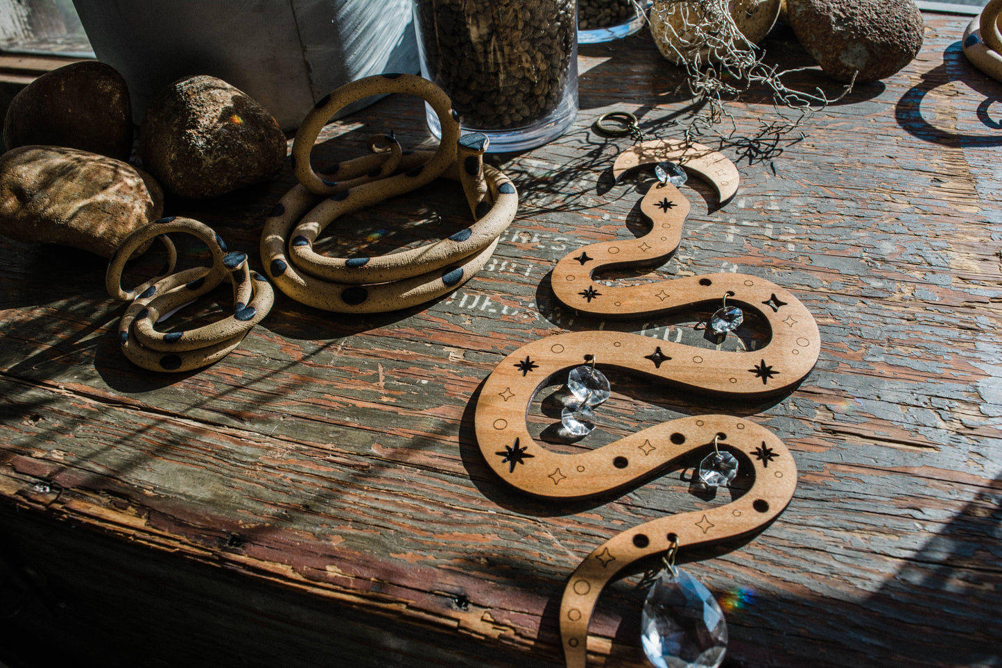 Starry Snake Suncatcher Wooden Wall Hanging Crystal Prisms