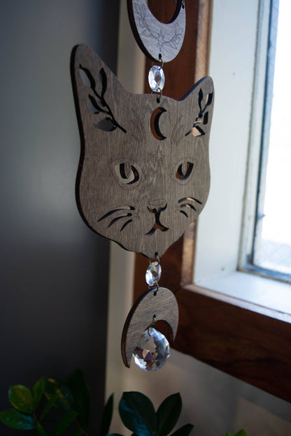 Cosmic Cat Wooden Wall Hanging Suncatcher Crystal Prisms