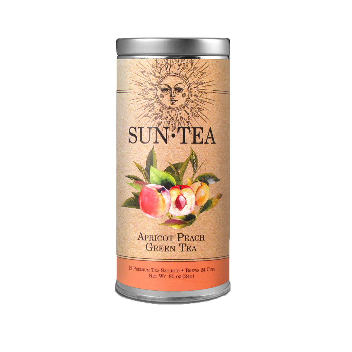 SUN TEA Apricot Peach Green Tea-12 Tea Sachets - Tall Tin
