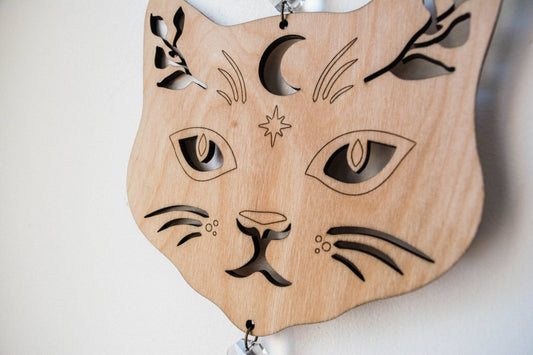 Cosmic Cat Wooden Wall Hanging Suncatcher Crystal Prisms