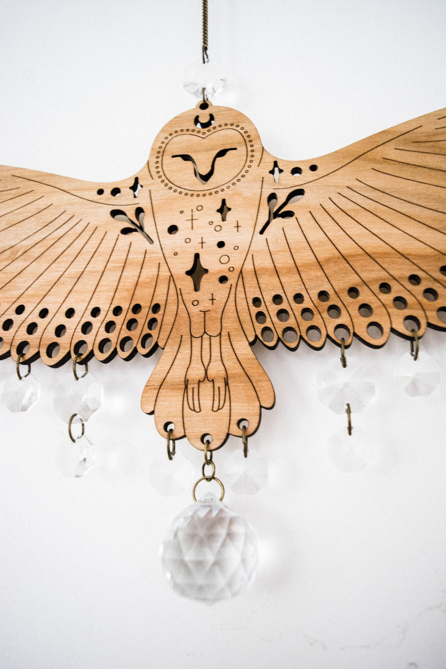 Owl Wooden Wall Hanging Bird Suncatcher w/ Crystal Prisms