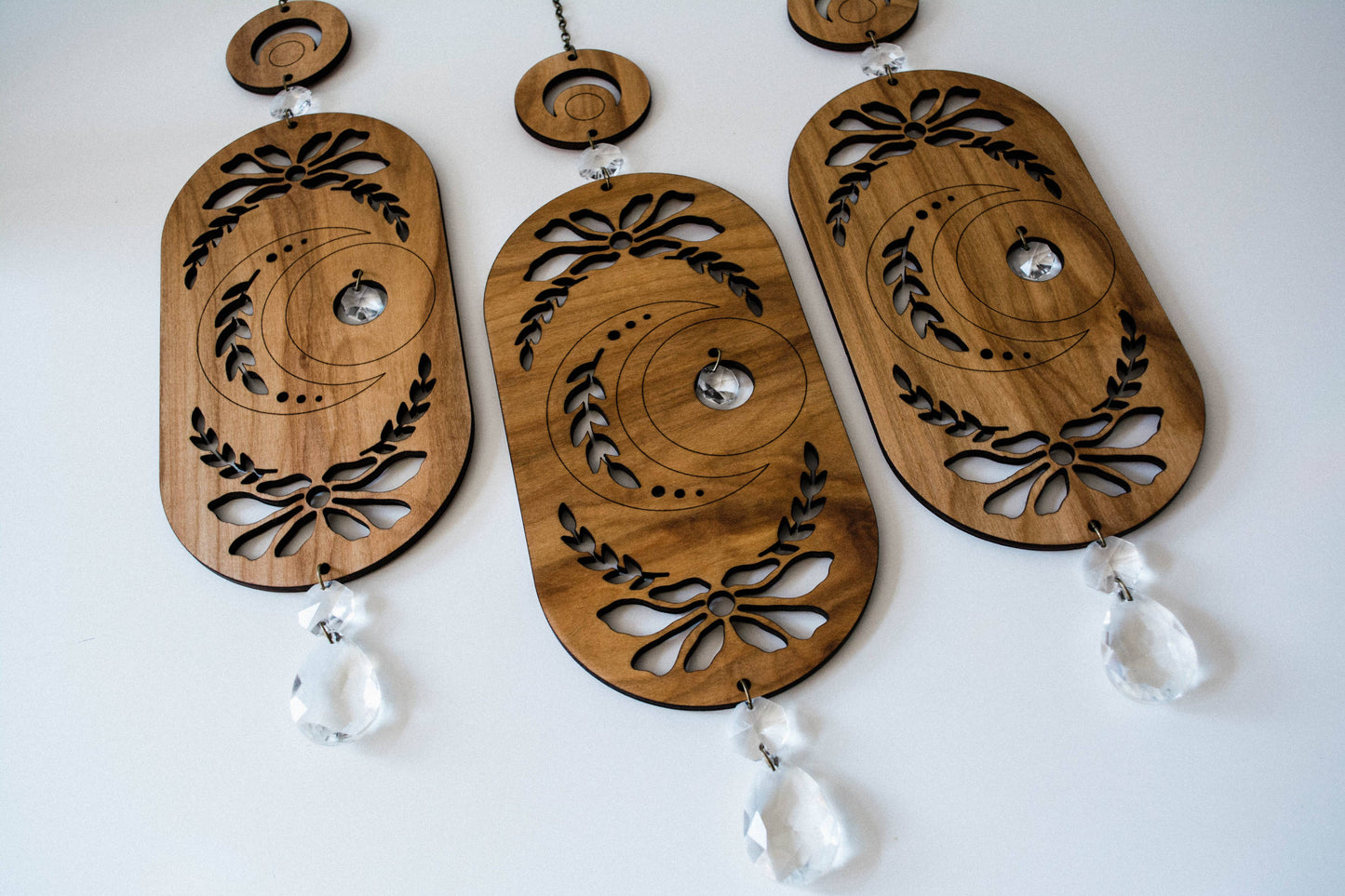 Lunar Moon Wooden Wall Hanging Suncatcher w/ Crystal Prisms