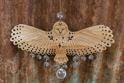 Owl Wooden Wall Hanging Bird Suncatcher w/ Crystal Prisms