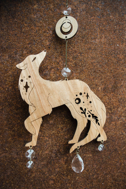 Lunar Wolf Dog Wooden Hanging Suncatcher w/ Crystal Prisms