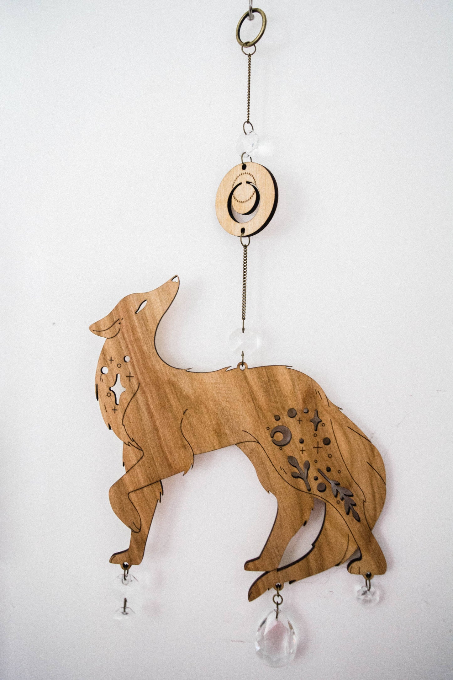 Lunar Wolf Dog Wooden Hanging Suncatcher w/ Crystal Prisms