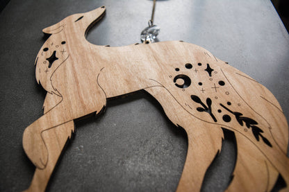 Lunar Wolf Dog Wooden Hanging Suncatcher w/ Crystal Prisms