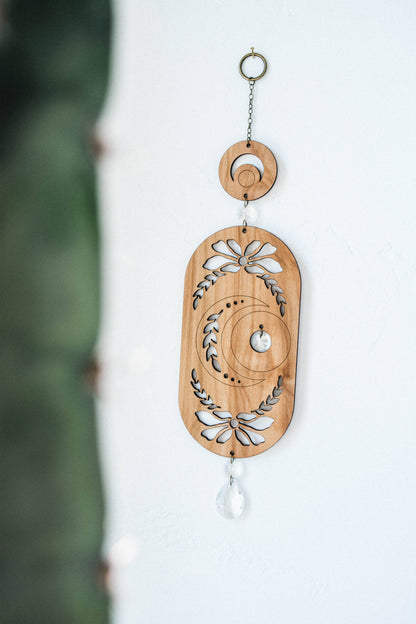 Lunar Moon Wooden Wall Hanging Suncatcher w/ Crystal Prisms
