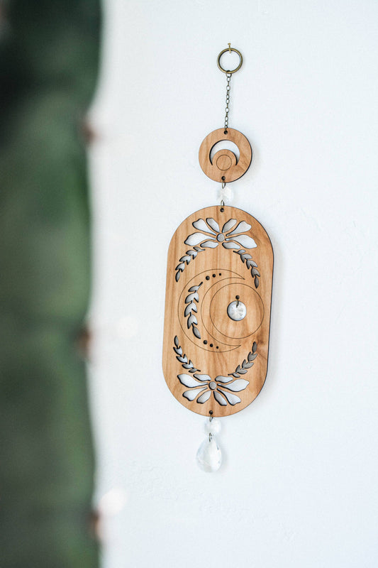 Lunar Moon Wooden Wall Hanging Suncatcher w/ Crystal Prisms