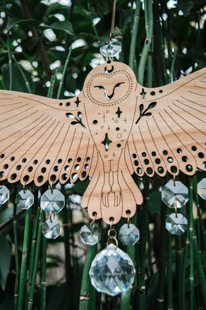 Owl Wooden Wall Hanging Bird Suncatcher w/ Crystal Prisms
