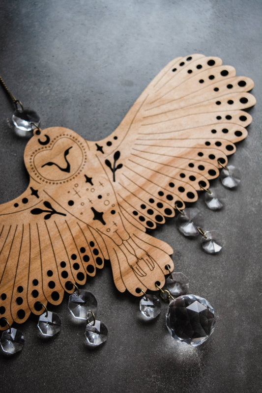 Owl Wooden Wall Hanging Bird Suncatcher w/ Crystal Prisms
