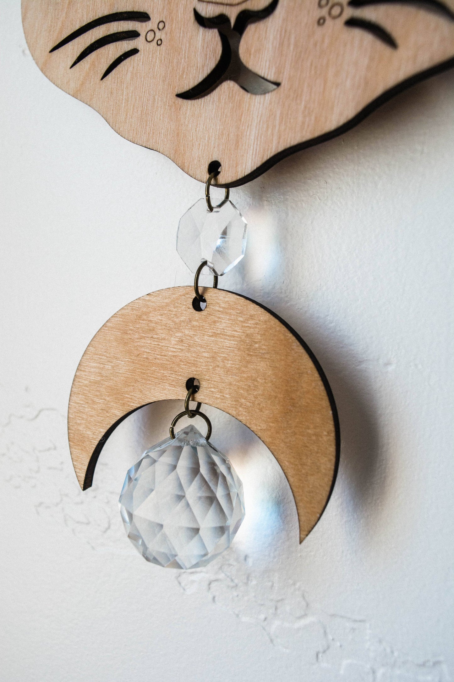 Cosmic Cat Wooden Wall Hanging Suncatcher Crystal Prisms