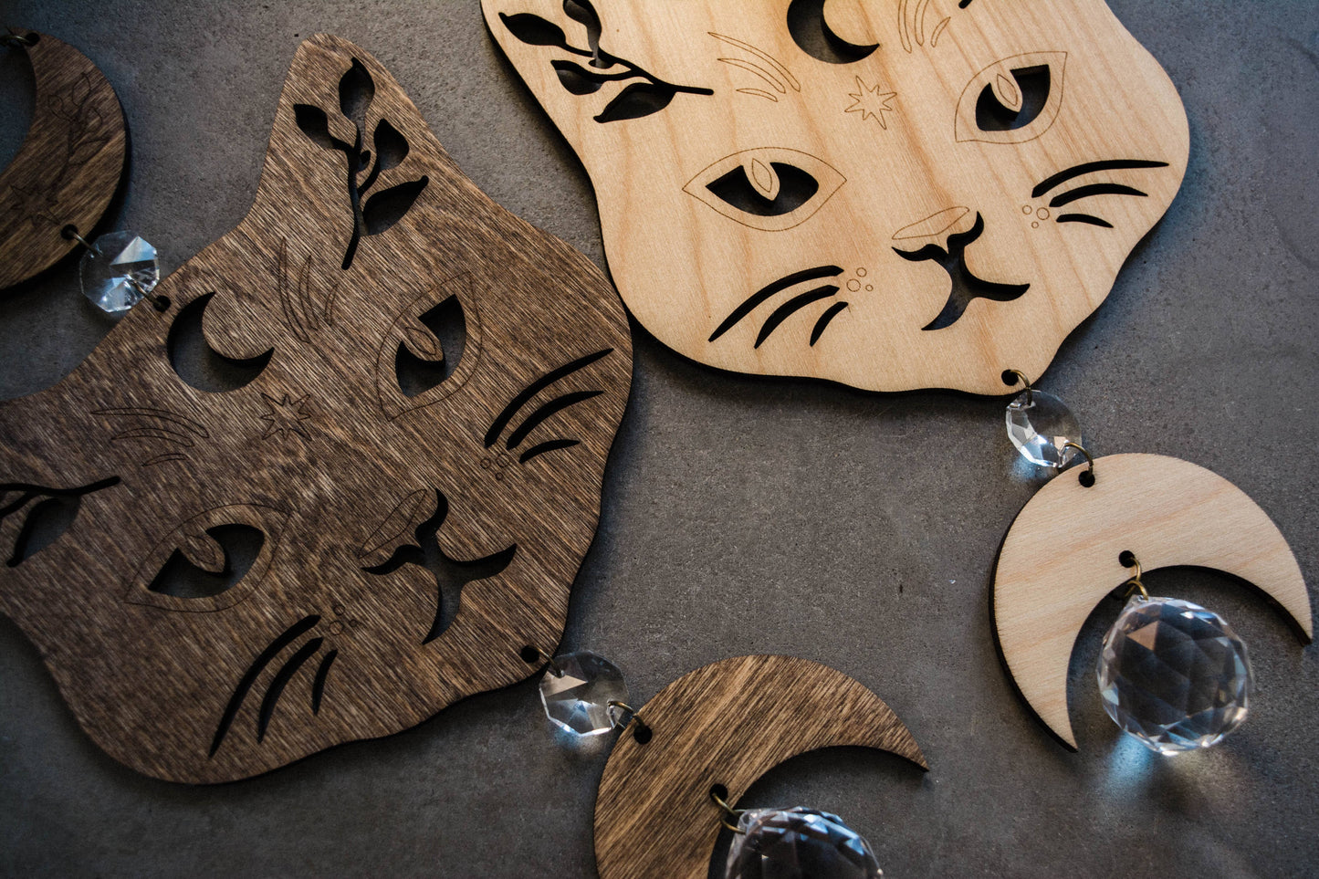 Cosmic Cat Wooden Wall Hanging Suncatcher Crystal Prisms
