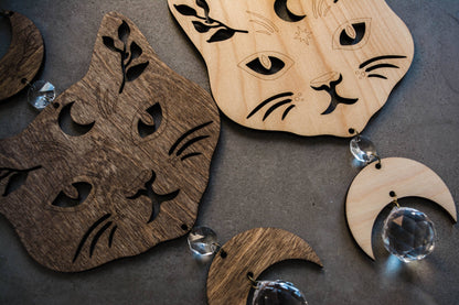 Cosmic Cat Wooden Wall Hanging Suncatcher Crystal Prisms